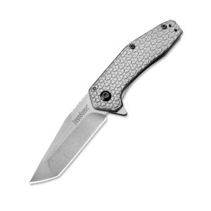 Kershaw 1324 Cathode Assisted Flipper Folding Knife 2.25″ Stonewashed Tanto Blade, Stainless Steel Handles Outdoor Hunting Tool