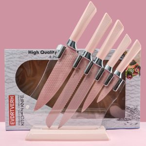Pink stainless steel non-stick 6-piece kitchen knife set with acrylic knife holder