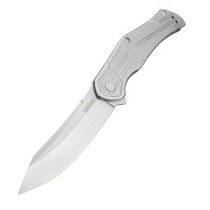 Kershaw 1380 Husker Assisted Flipper Knife 3″ Stonewashed Reverse Tanto Blade, Stainless Steel Handles, Frame Lock – 1380X
