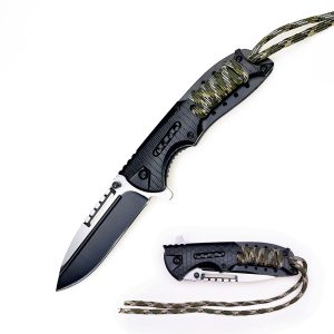 Outdoor Camping Hunting Bushcraft EDC Knife Folding Tactical Survival Pocket Knife Black Steel Blade Plastic Handle with Rope