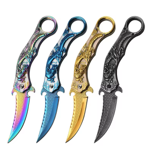 KC369 Outdoor Camping Survival Tactical Utility Knife Hunting 3D Dragon Relief Handle Folding Blade Protect Knife